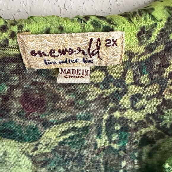 One World Green Print Ruffled Beaded V-Neck Sleeveless Top Whispering Womens 2X - Picture 3 of 7